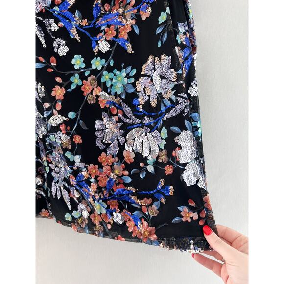 Boston Proper Floral Sequin Blouse XL Boatneck Mesh Glam Modest - Picture 5 of 7